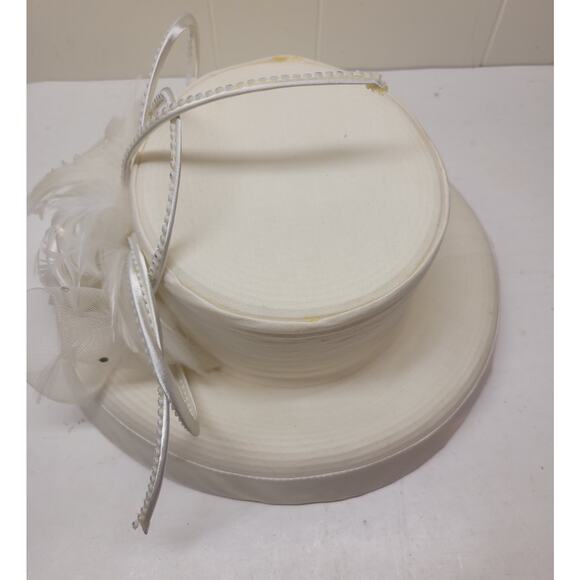 Vintage Donna Vinci White Ramie Hat Rhinestone Loops Feathers Church Derby - Picture 9 of 11